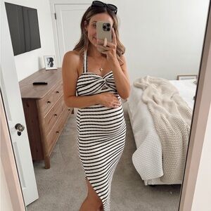 Pinkblush Ivory Striped Twist Front Halter Maternity Midi Dress